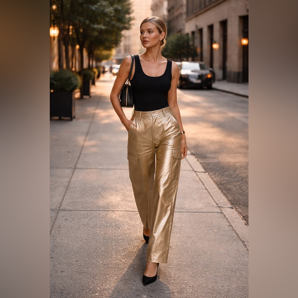 NWOT - Madden NYC Gold Faux Leather Cargo Pants High Rise Size M - Picture 1 of 4